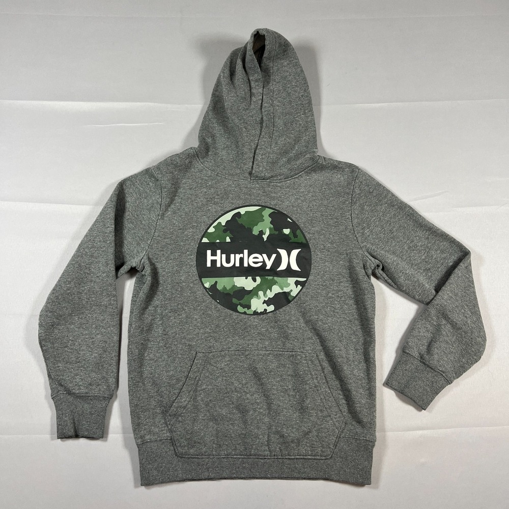 Hurley Pullover Hoodie Boys 10-12 Gray Fleece Lined Graphic Kangaroo Pocket